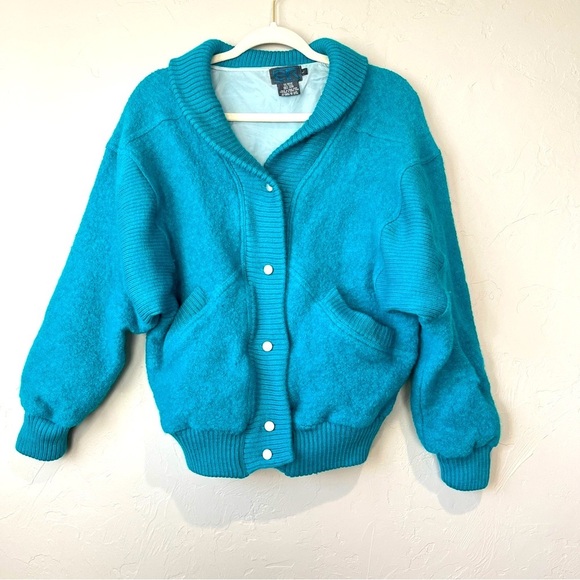vintage Jackets & Blazers - Vtg varsity Bomber Jacket 80s Blue Wool Preppy Colorful Retro sporty bright cute